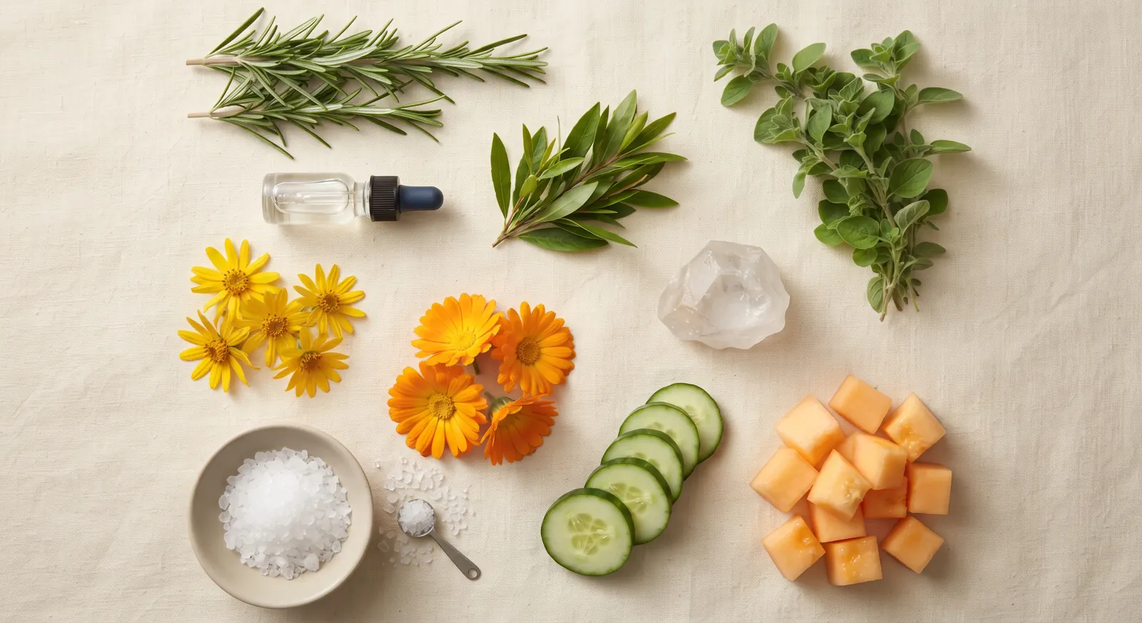 Ingredientes naturales: romero, tea tree, orégano, árnica, caléndula, alumbre, urea, pepino y melón